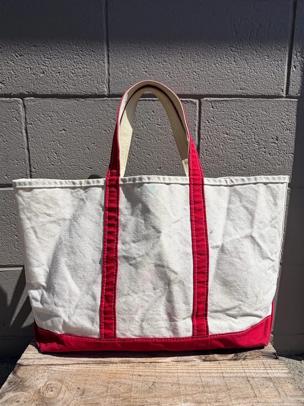 Vintage LL BEAN Boat and Tote Large Bag - Ivory & Red -